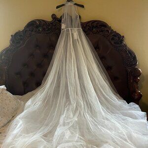 White by Vera Wang Horsehair Tier Halter Overdress + Oversized Lace Sash + Comb